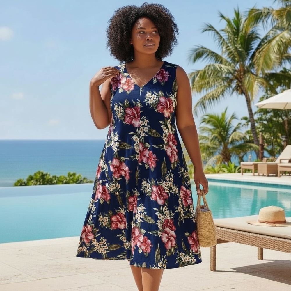 LANDS END Tropical Dress 14 Petite | Trapeze Hibiscus Floral Sleeveless Resort